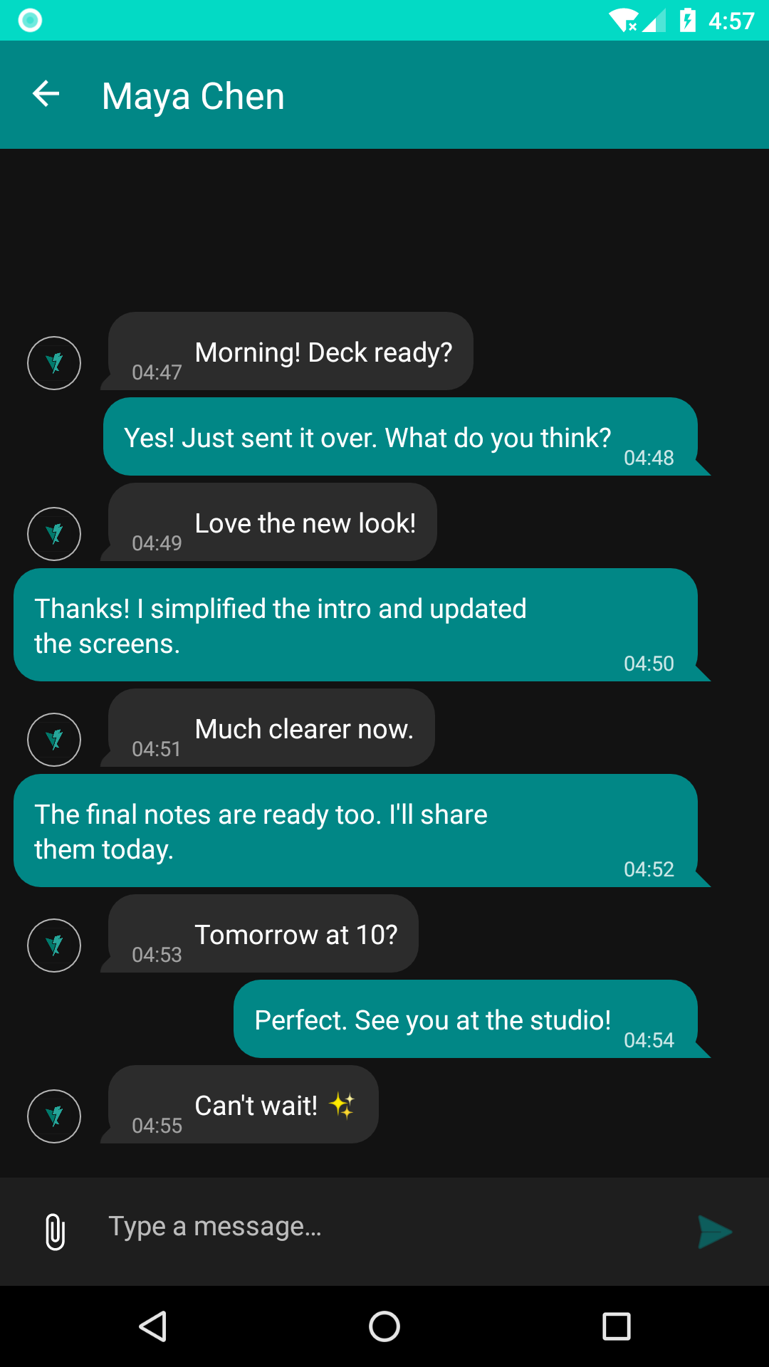 Chatzam conversation interface with mock messages