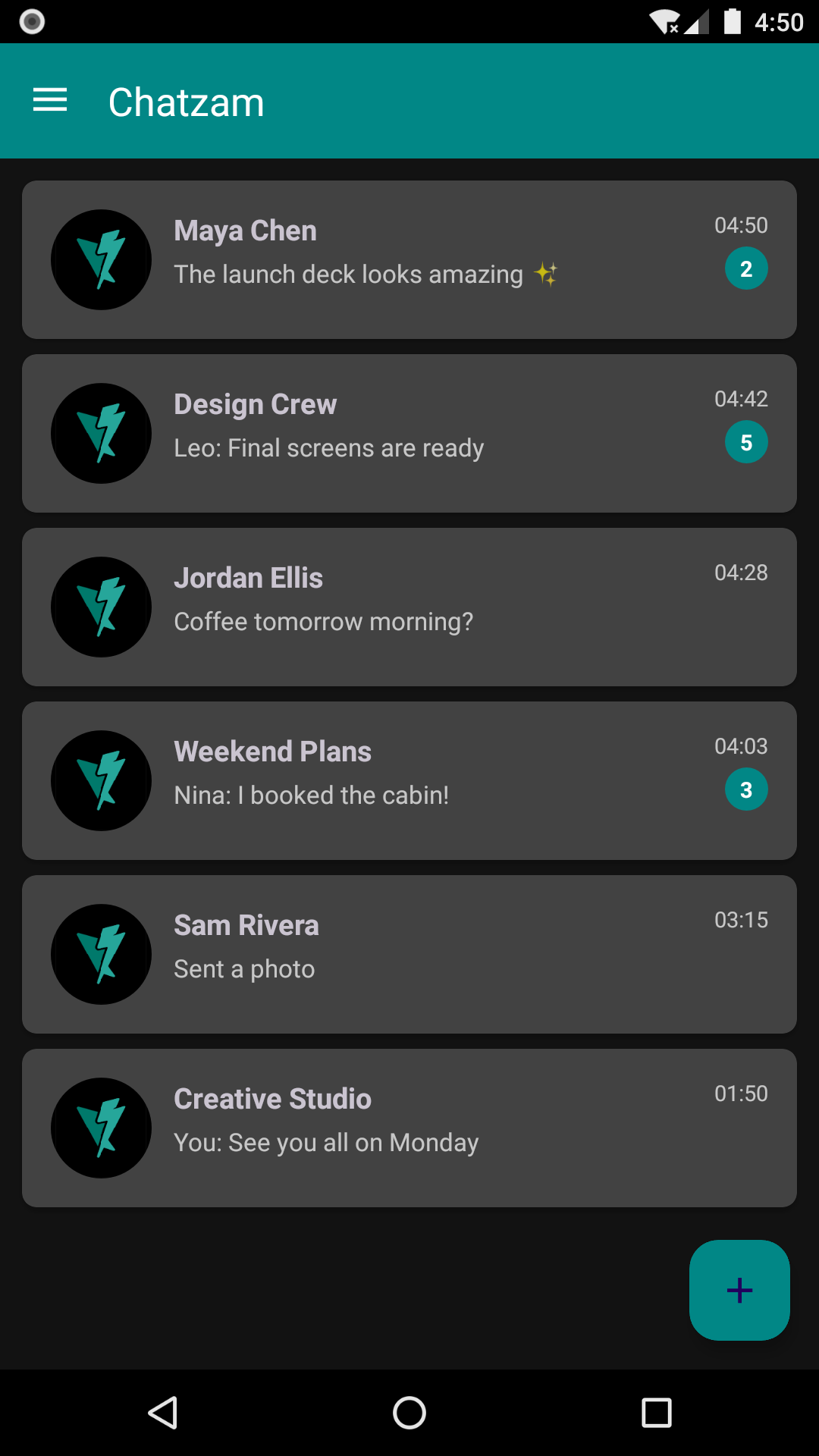 Chatzam native Android inbox with mock conversations