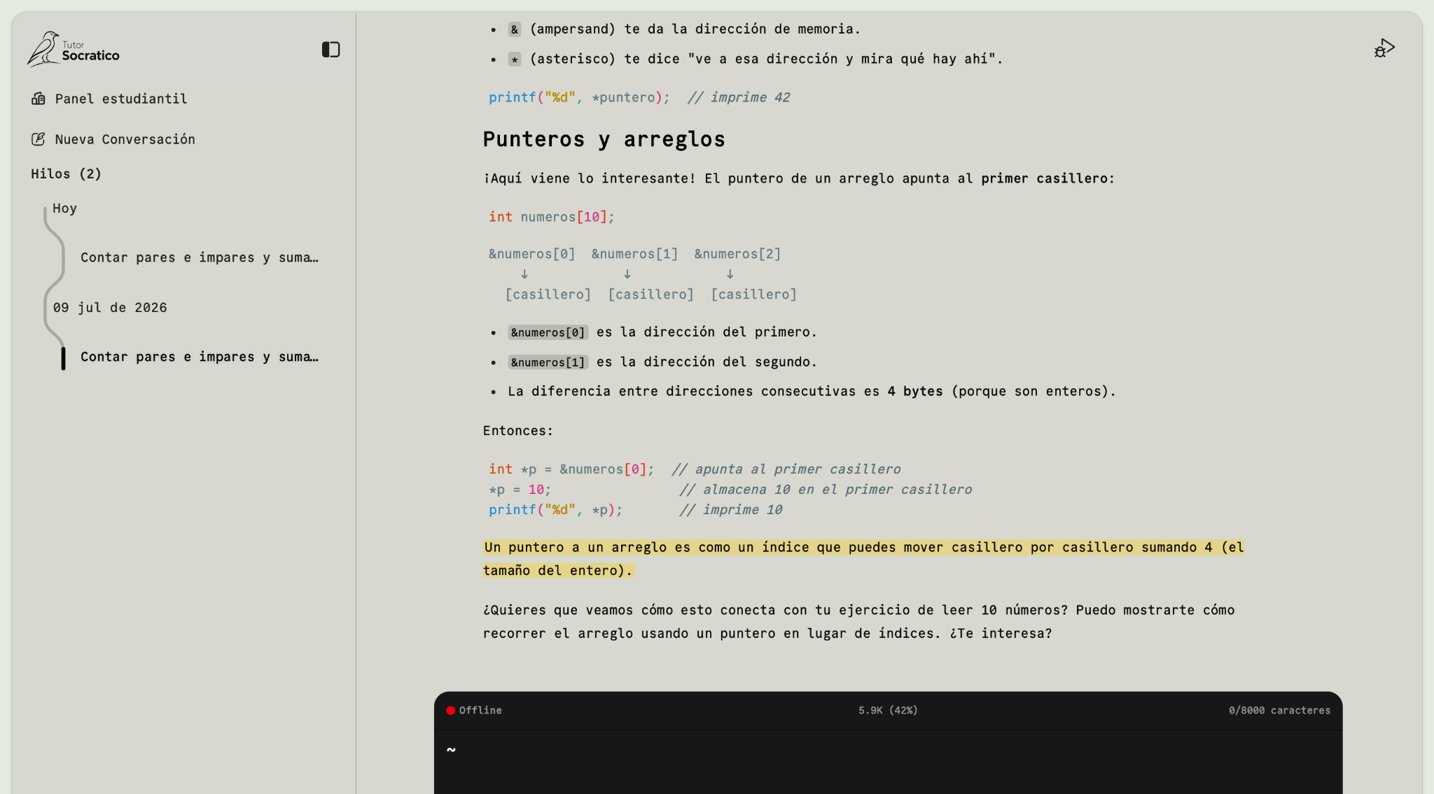 Socratic Tutor chat showing a guided programming conversation